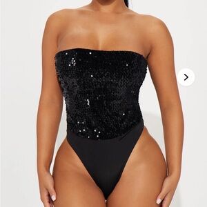 Fashion Nova Janice Sequin Black Thong Bodysuit NWT
